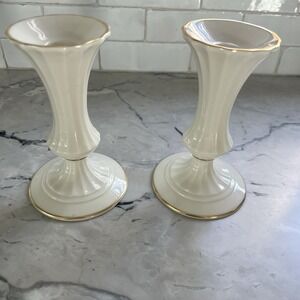 Vintage Lenox Classic Ivory 24 Kt Gold Trim Candle Stick Holders Set of 2